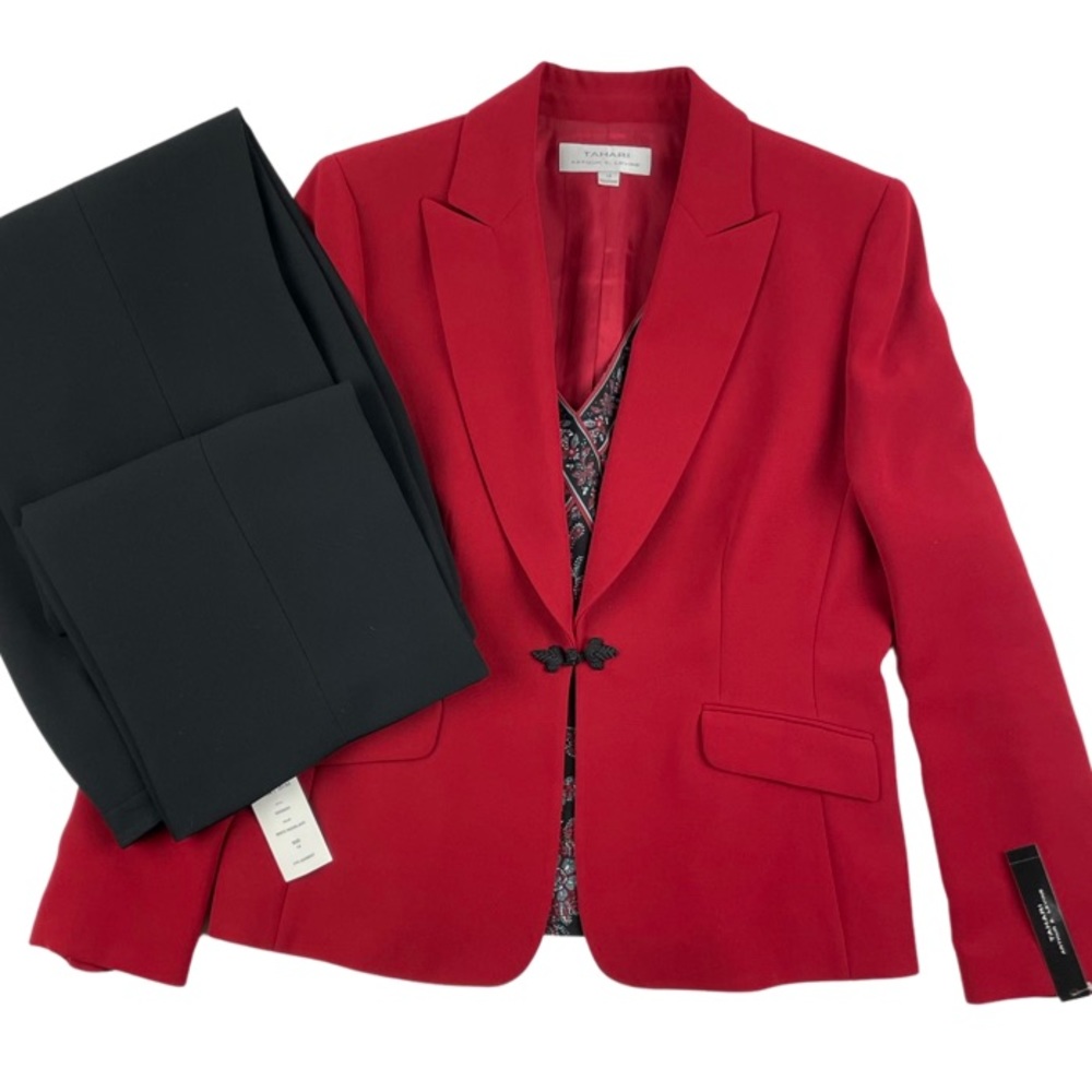 TAHARI |  3-Piece Suit | Red Brick/Black | Jacket, Tank, Wide Leg Trousers | 14